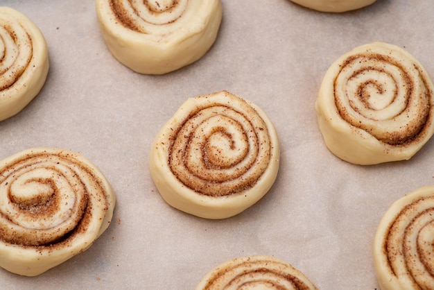 Rohe Zimtschnecken auf Backpapier bereit zum Backen im Ofen. Leckere Brötchen mit Zimtpulver kochen