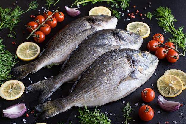 Roher Dorado-Fisch oder Goldbrasse auf schwarzem Hintergrund mit Zitronengemüse und Kräutern