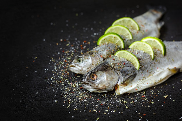 Roher fisch mit aromatischen kräutern, gewürzen, salz- und limettenscheiben