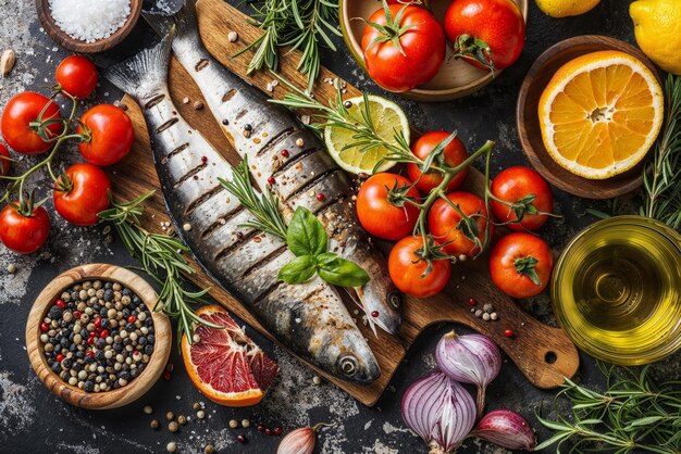 Roher Fisch mit Kräutern, Gemüse und Zitrusfrüchten auf dunkler Farbe