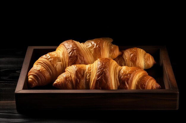 Roher frischer Croissant auf einem Holzplattchen mit schwarzem Hintergrund