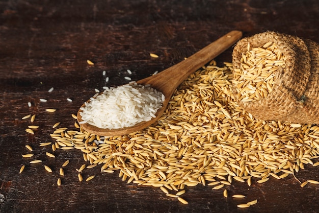 Roher gedämpfter Reis und Rohreis auf Holzoberfläche