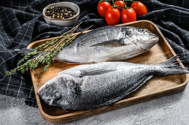 Roher Seebrassenfisch mit Kochzutaten, Kirschtomaten, Thymian, Pfeffer. Grauer Hintergrund. Draufsicht