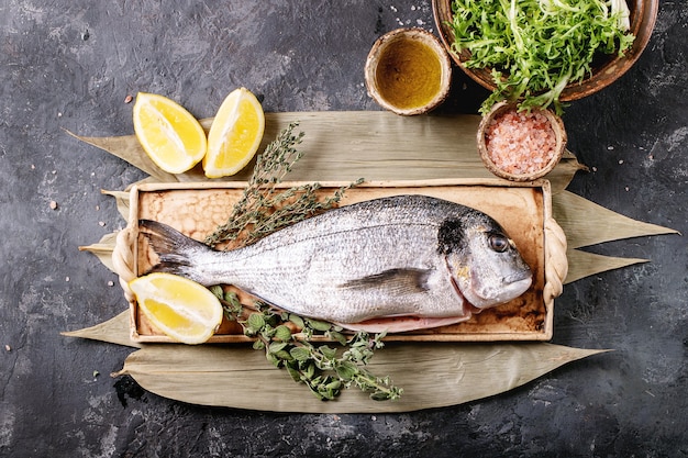 Roher ungekochter, frisch ausgenommener Seebrassen- oder Dorado-Fisch, serviert mit Zitrone, grünem Salat, Rosmarin, Olivenöl und rosa Salz auf Bambusblättern über einer dunklen Texturoberfläche. Flache Lage, Kopierraum.