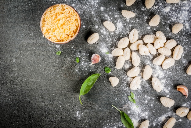 Roher ungekochter selbst gemachter Kartoffel Gnocchi mit Bestandteilen auf konkretem grauem Hintergrund