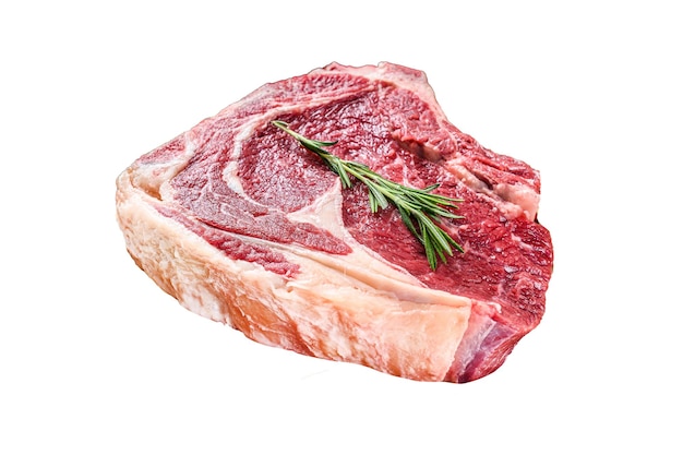 Rohes Cowboy-Steak oder Ribeye auf dem Knochen auf einem Schneidbrett Marmor Rindfleisch Isoliert auf weißem Hintergrund Top-View