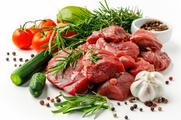 rohes Fleisch, Gemüse und Gewürze, isoliert auf weißem rohem Fleisch