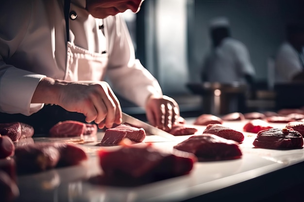 Rohes Fleischsteak und verschwommener Koch in der Restaurantküche