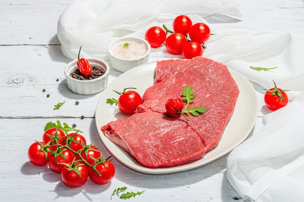 Rohes Kalbfleischsteak mit Gewürzen, Kirschtomaten, Trendig, hart, hell, dunkel, schattenhaft, weiß, hölzerner Hintergrund