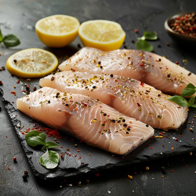 Rohes Pangasius-Fischfilet mit Zitrone und Gewürzen für soziale Medien