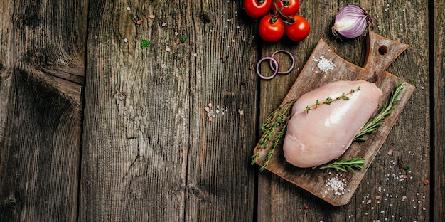 Rohes Putenfilet auf einem Schneidebrett, Kochzutaten, natürliches, gesundes Lebensmittelkonzept, langes Bannerformat, Draufsicht