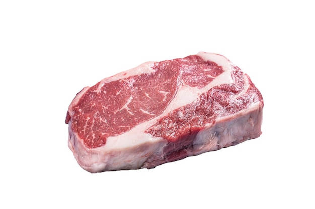 Rohes Rib Eye Steak Rindfleisch Marmorfleisch auf Metzgerbrett Hochequalität Isolierter weißer Hintergrund