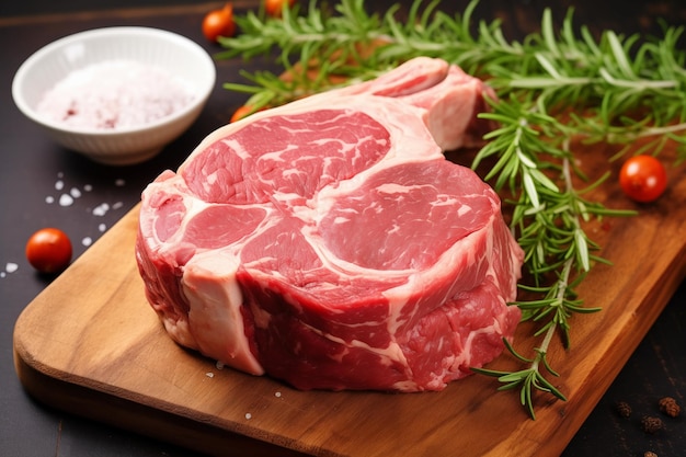 Rohes Rindfleisch für Steak mit Rosmarin und Tomaten Generative KI