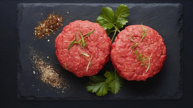 Rohes Rindfleisch-Hamburger mit Kräutern und Gewürzen auf dunkler Schieferplatte