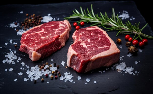 Rohes Rindfleischsteak mit Salzpfeffer und Rosmarin auf schwarzem Hintergrund