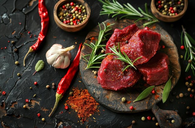 Rohes Rindfleischsteaks auf dem Schneidbrett mit Rosmarin, heißen Paprika, Salz und Pfefferkörnern