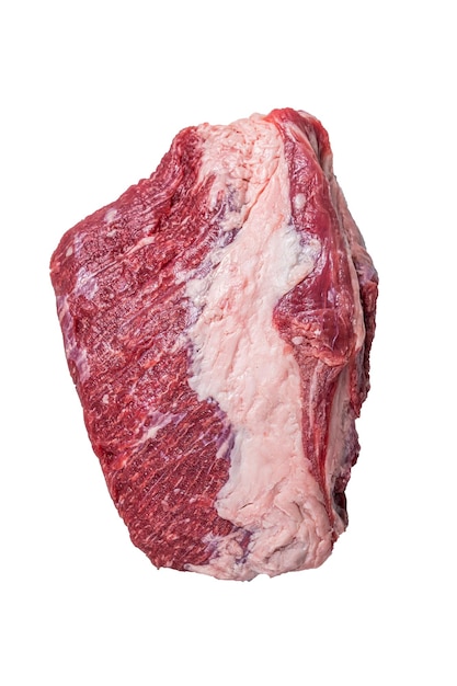 Rohes, rundes Rindfleisch, geschnitten auf einem Metzgertisch, hochwertiger isolierter weißer Hintergrund