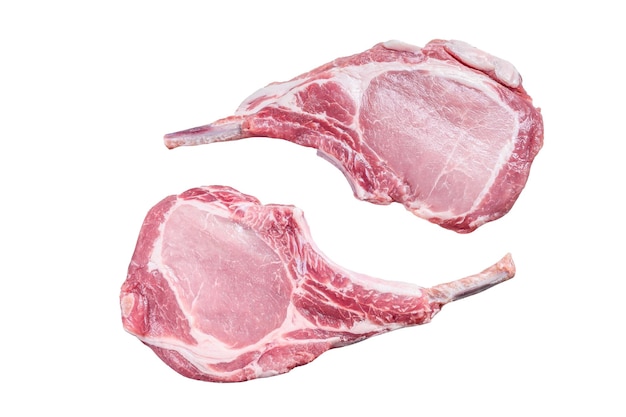 Rohes trocken gealtertes Tomahawk-Schweinekotelett-Steak isoliert auf weißem Hintergrund