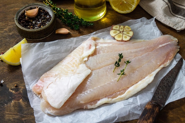 Rohes weißes Fischfilet mit Meeresfrüchten zum Kochen Frisches Filet Pangasius mit Gewürzen Zitrone