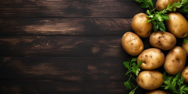 Foto rohkartoffeln auf einem schwarzen hölzernen hintergrund kochen freier platz für text top-view