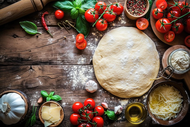 Foto rohte teig für die zubereitung von pizza mit zutaten tomatensauce mozzarella tomaten basilikum olivenöl käse gewürze serviert auf rustikaler holztisch flache lay-stil italienische pizza margherita-lebensmittel
