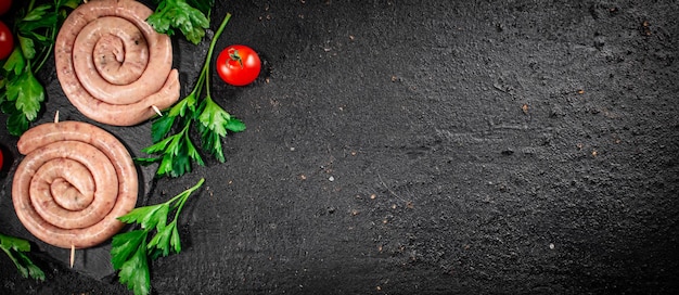 Rohwürste auf einem Steinbrett mit Petersilie und Tomaten