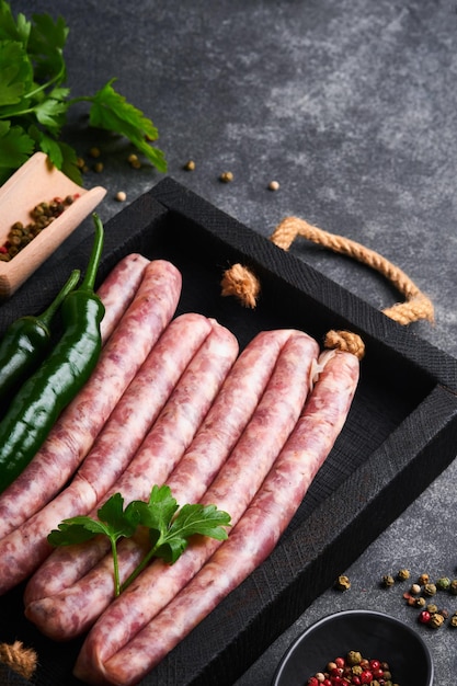 Rohwürste Bratwurst oder Würstchen mit Zutaten auf einem Schneidebrett mit Gewürzen auf einem Steinhintergrund mit Kopierbereich Hintergrund zum Kochen von Speisen Ansicht von oben