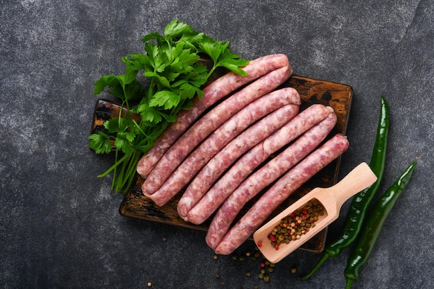 Rohwürste Bratwurst oder Würstchen mit Zutaten auf einem Schneidebrett mit Gewürzen auf einem Steinhintergrund mit Kopierbereich Hintergrund zum Kochen von Speisen Ansicht von oben