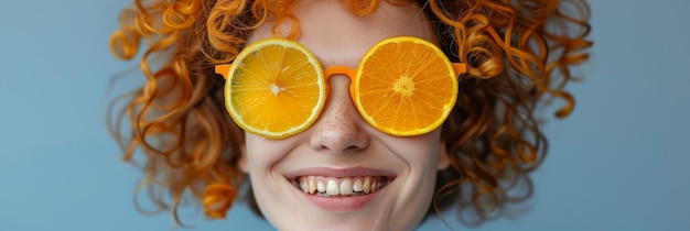 Foto roja vibrante con gafas de sol de rodaja naranja sobre un fondo azul