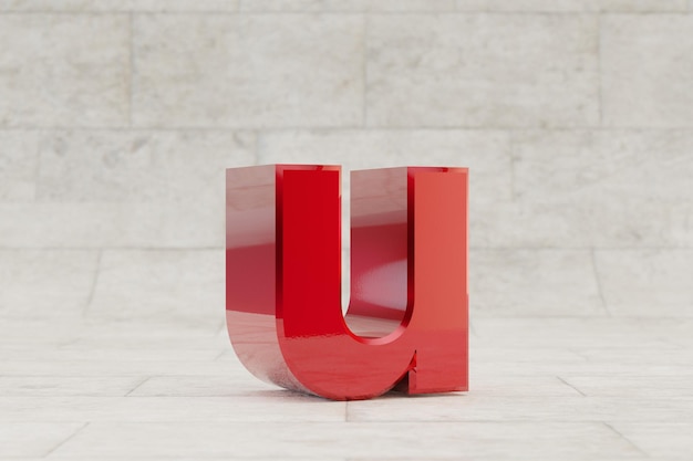 Rojo 3d letra U minúscula. Letra metálica roja brillante sobre fondo de baldosas de piedra. Alfabeto de metal brillante con reflejos de luz de estudio. Carácter de fuente renderizado 3D.