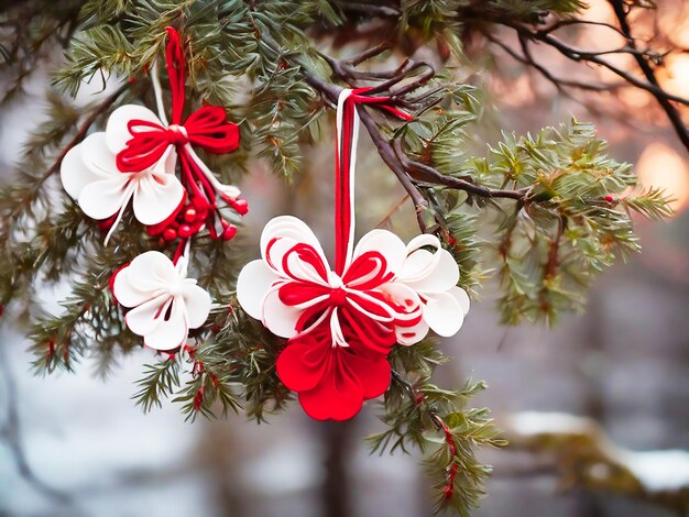 Rojo y blanco hermoso martisor colgando de las ramas del árbol en la noche con la oscuridad