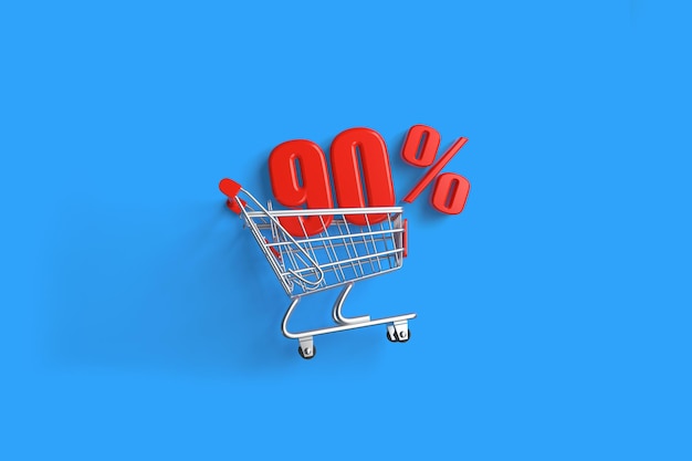 Rojo brillante noventa por ciento de descuento Regístrate en el carrito de compras sobre fondo azul 90 de descuento en venta 3D