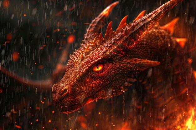 un rojo real el dragón con un fondo ardiente junto con la lluvia