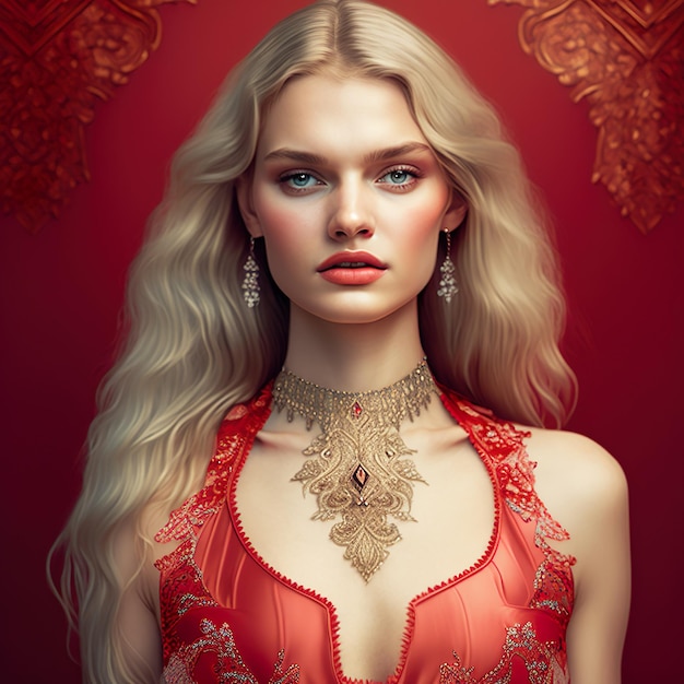 Rokoko-Glamour, der komplizierte Details einer schönen jungen Frau in rotem Schmuck einfängt, wird generiert