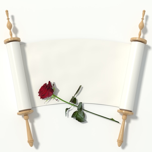 Role para o papel branco em rolos de madeira e uma rosa vermelha, isolado no fundo branco