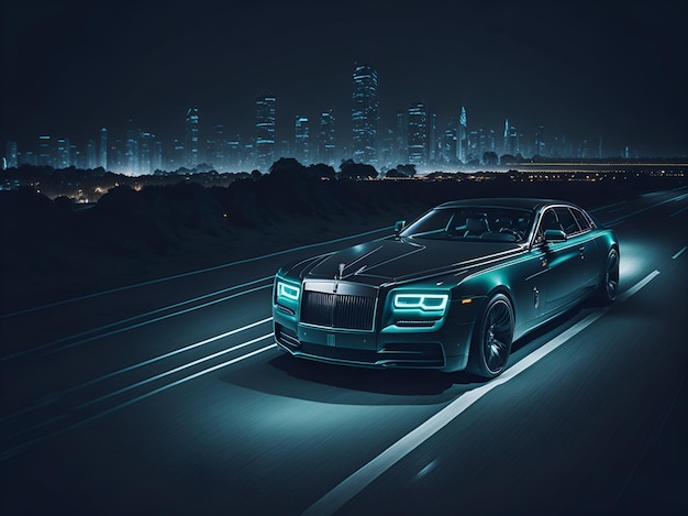 Roll-Royce im flachen Design mit Stadthintergrund