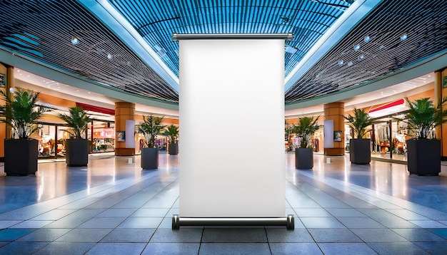 Roll up mockup poster stand en un centro comercial o centro comercial entorno como diseño de banner ancho