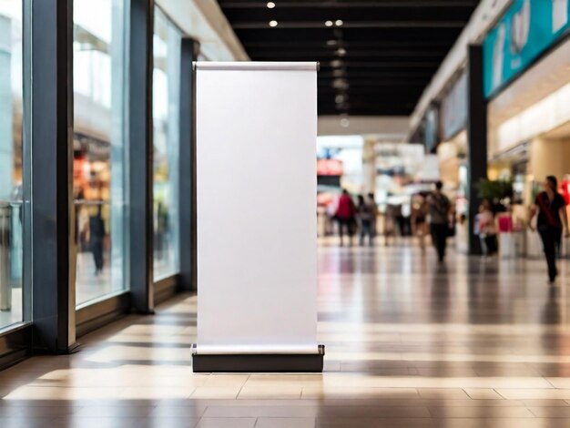 Roll up mockup poster stand en un centro comercial o entorno de centro comercial como un diseño de banner ancho