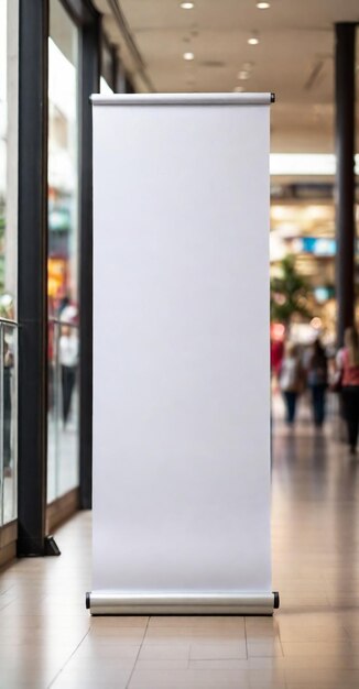 Roll up mockup poster stand en un centro comercial o entorno de centro comercial como un diseño de banner ancho