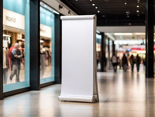 Roll up mockup poster stand en un centro comercial o entorno de centro comercial como un diseño de banner ancho