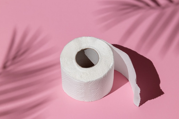 Rolle eines weißen Toilettenpapiers isoliert auf einem rosa Hintergrund unter einem Palmenschatten