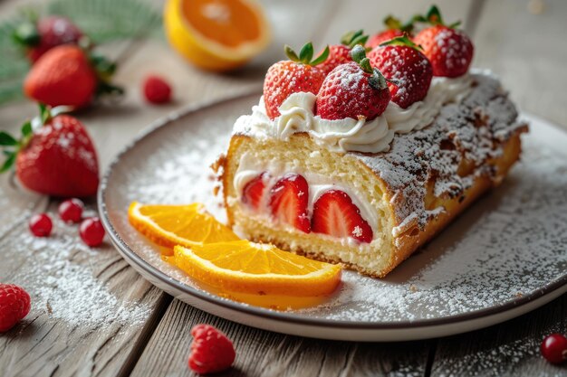 Rollen von Sprosskuchen mit Sahne Erdbeeren Generative Ai