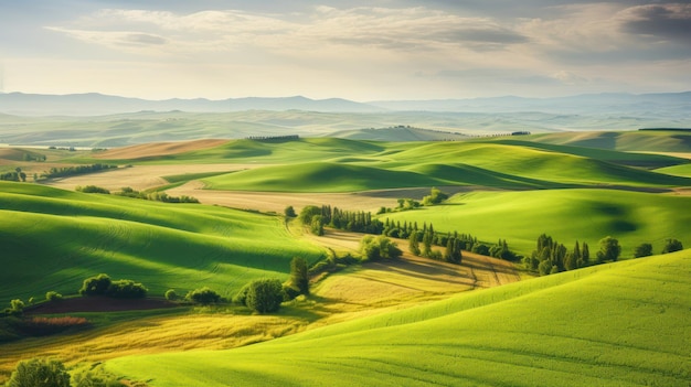 Rolling hills na primavera com colinas verdes e árvores em primeiro plano.