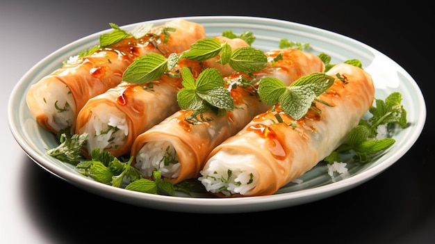 Rollito de primavera fresco envuelto en papel de arroz en un plato sobre fondo blanco