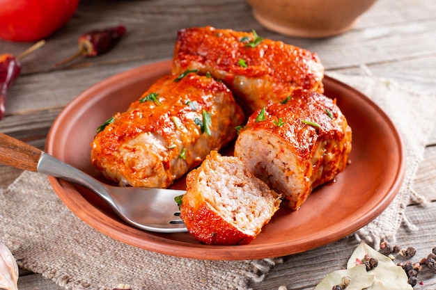 Rollitos de col con arroz de ternera y verduras al plato Hojas de col rellenas de carne