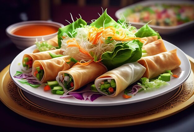 Rollitos de primavera frescos con verduras y queso en el plato blanco Cerrar