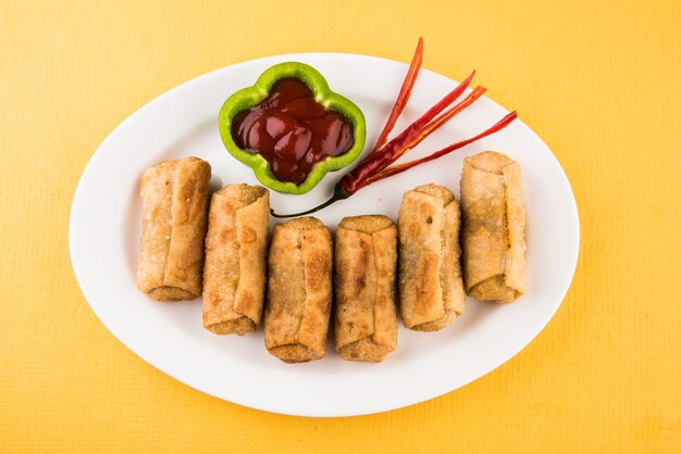 Rollitos de primavera vegetales con hoja de menta y salsa picante verde o salsa de tomate. Enfoque selectivo