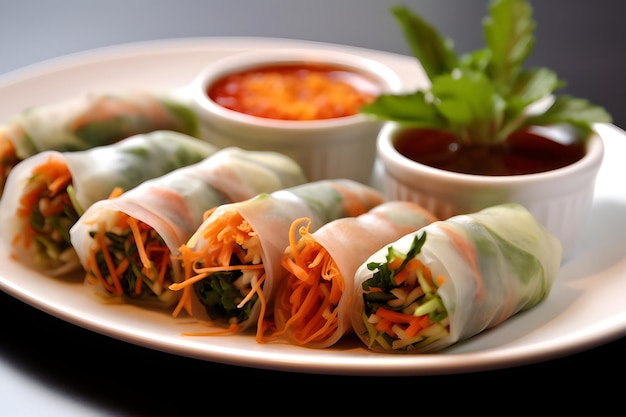 Rollitos de primavera con verduras y salsa en plato blanco