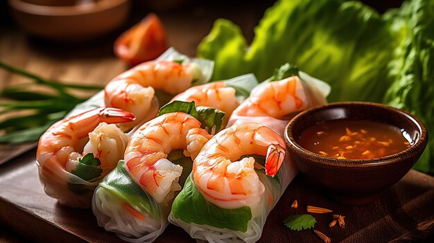 Rollitos de primavera vietnamitas con gambas y verduras AI generativa