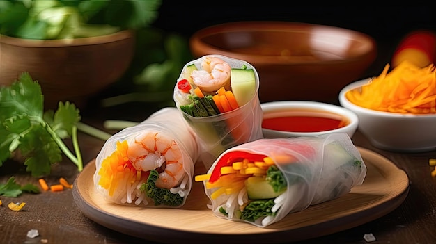 Los rollitos de verano vietnamitas son un plato refrescante y saludable relleno de fideos vermicelli, vegetales crujientes y hierbas aromáticas, todo envuelto en delicado papel de arroz. Generado por IA